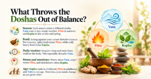 Ayurvedic Dosha Balance Infographic Showing Vata, Pitta and Kapha Balancing Tips